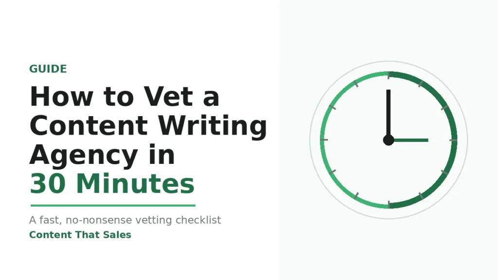 How to vet a content writing agency in 30 minutes guide cover from Content That Sales