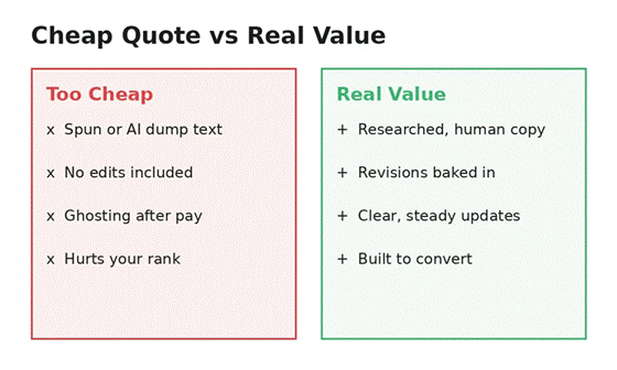 Comparison of cheap content quote versus real content value