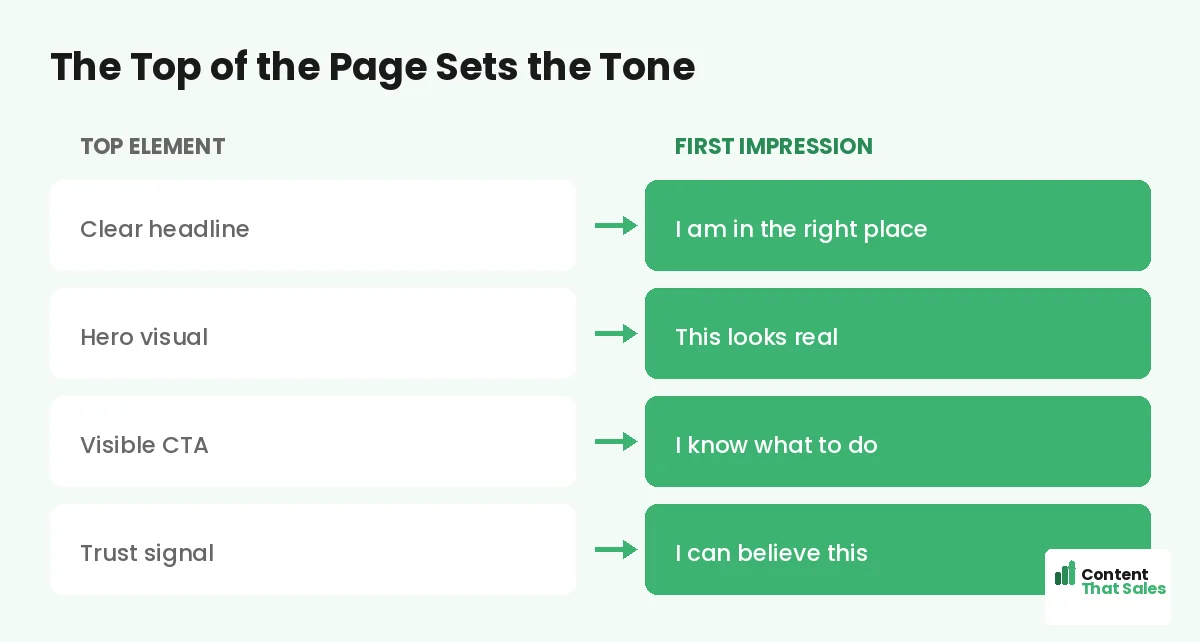 The top of the page sets the tone by Content That Sales