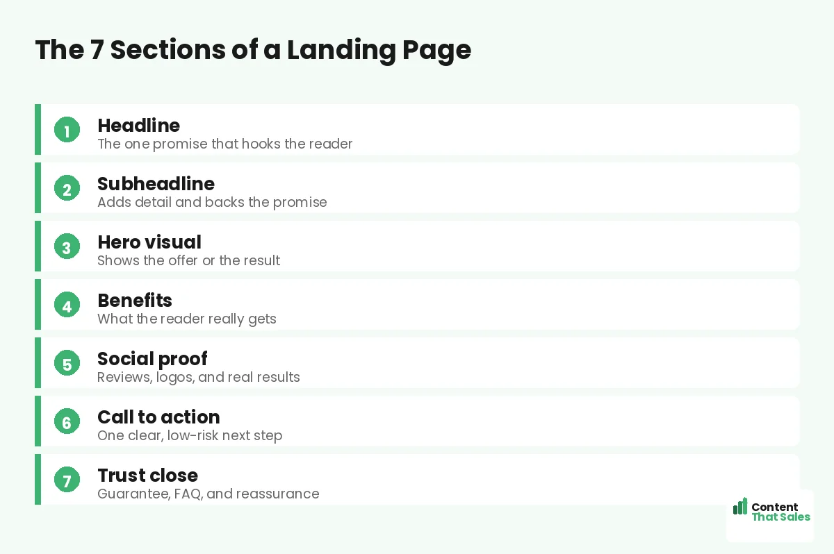 The 7 sections of a landing page by Content That Sales
