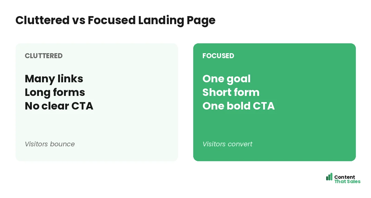 Cluttered versus focused landing page by Content That Sales