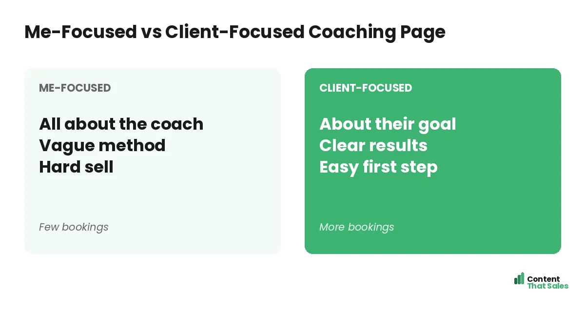 Me-focused versus client-focused coaching page by Content That Sales