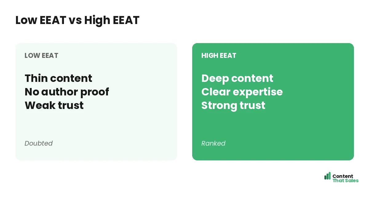 Low EEAT versus high EEAT by Content That Sales