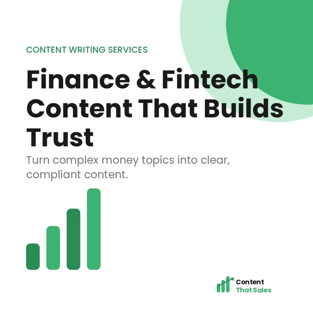 Finance and fintech content writing services featured graphic by Content That Sales