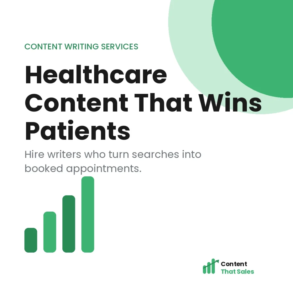 Content That Sales healthcare content writing services featured graphic with brand logo