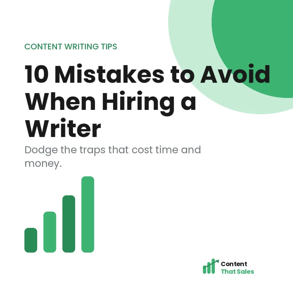 10 mistakes to avoid when hiring a content writing service featured graphic by Content That Sales