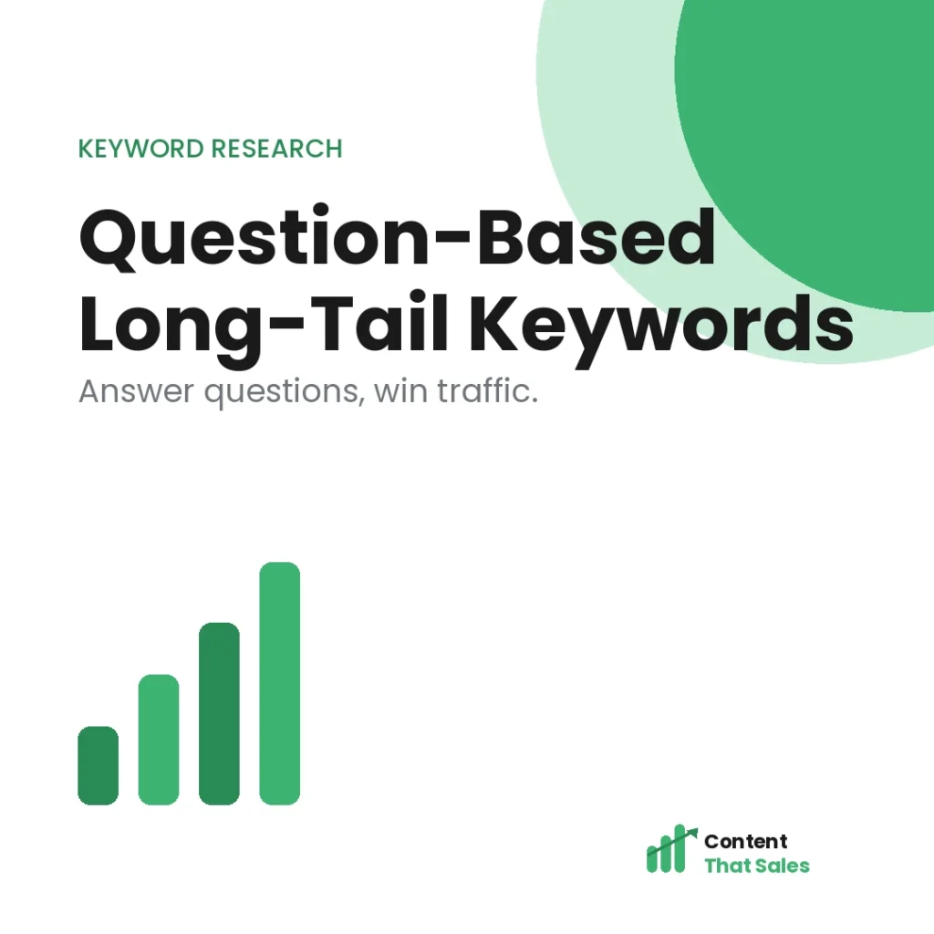 Question-based long-tail keywords that drive traffic featured graphic by Content That Sales