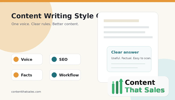 Content writing style guide featured image with brand voice, SEO rules, and content workflow cards.