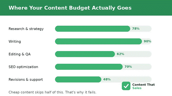 Bar chart showing where a law firm content budget goes: research, writing, editing, SEO, and revisions