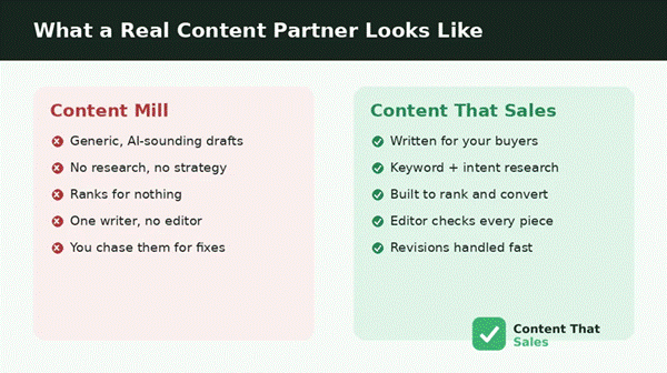 Comparison chart showing a content mill versus Content That Sales for law firm content