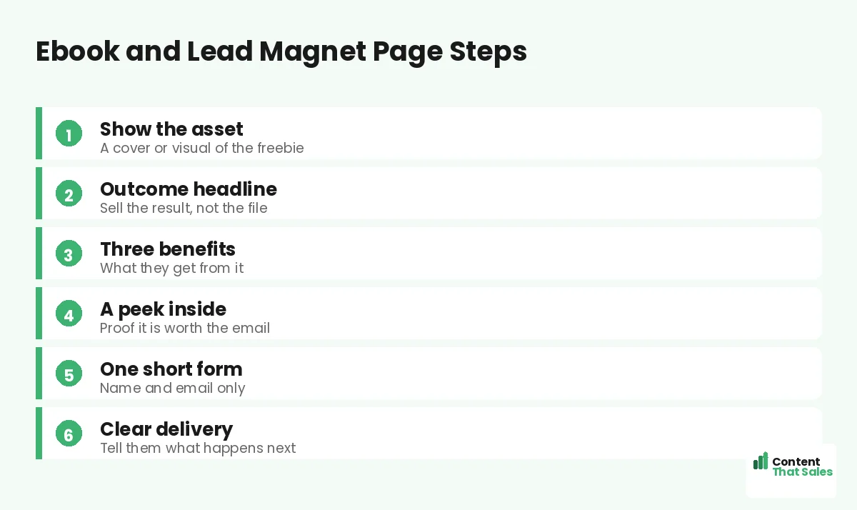 Ebook and lead magnet page steps by Content That Sales