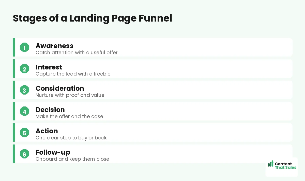 Stages of a landing page funnel by Content That Sales