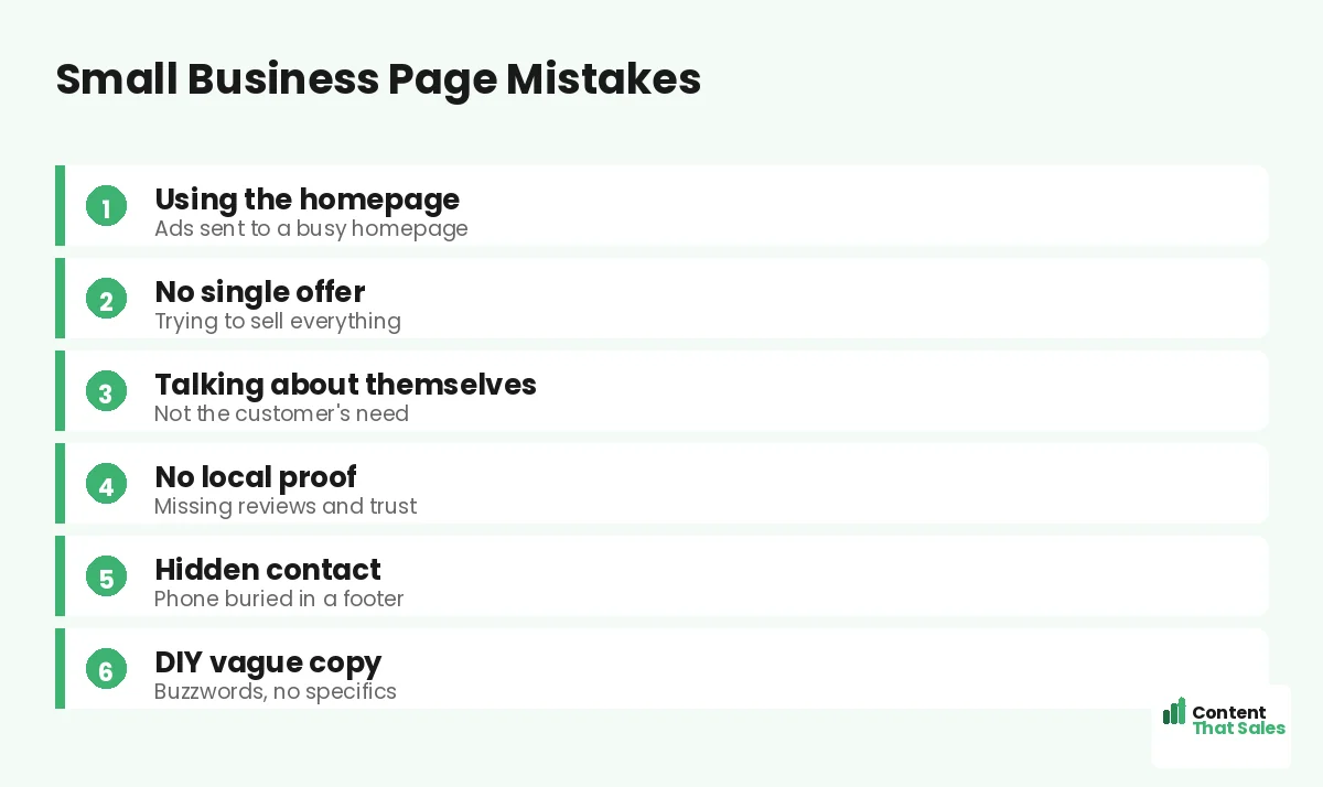 Small business page mistakes by Content That Sales
