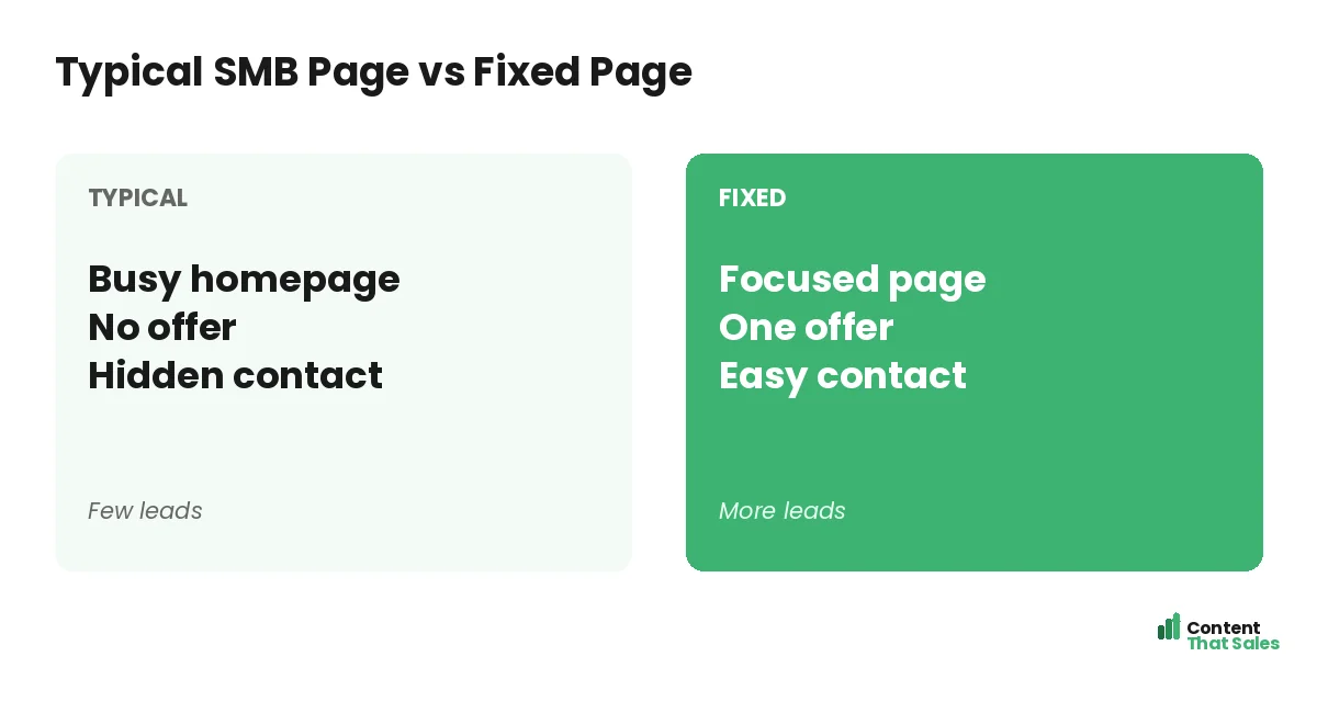 Typical SMB page versus fixed page by Content That Sales