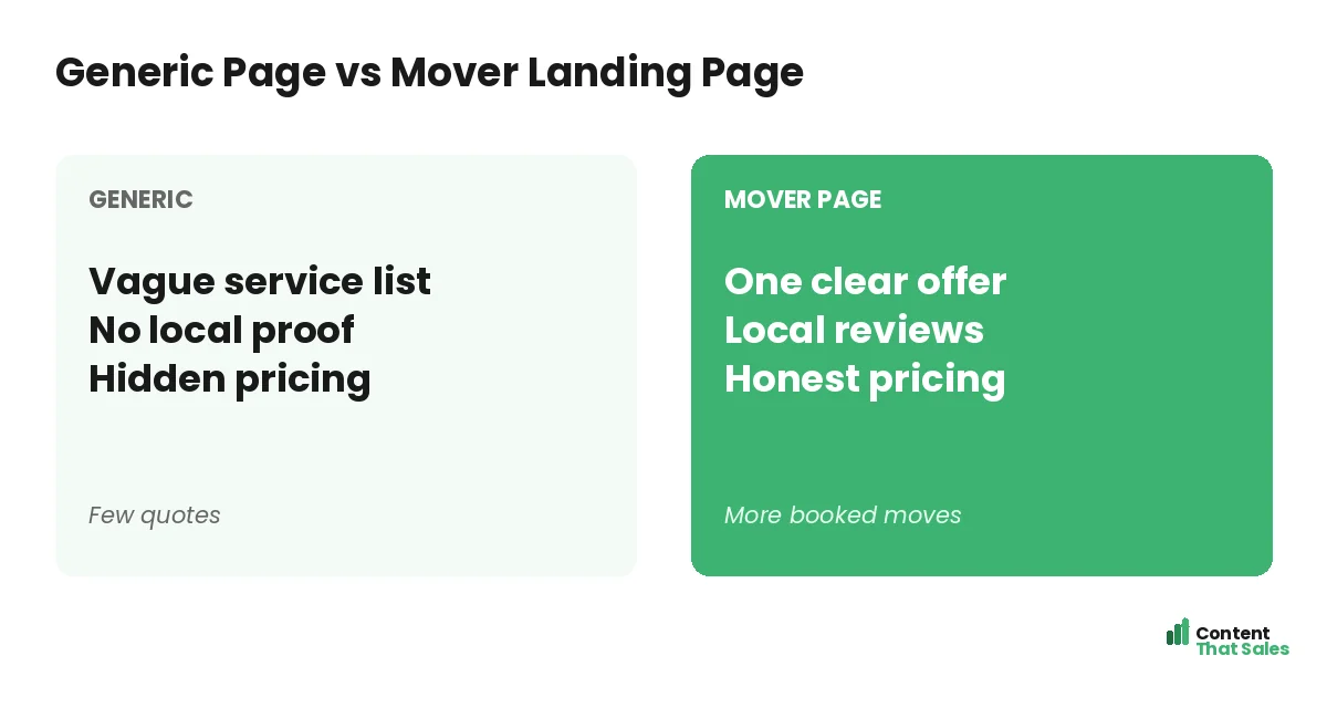 Generic page versus mover landing page by Content That Sales