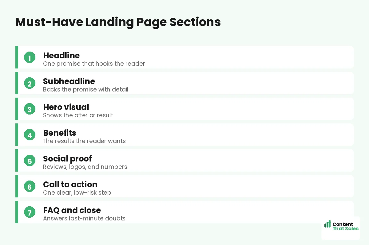 Must-have landing page sections by Content That Sales