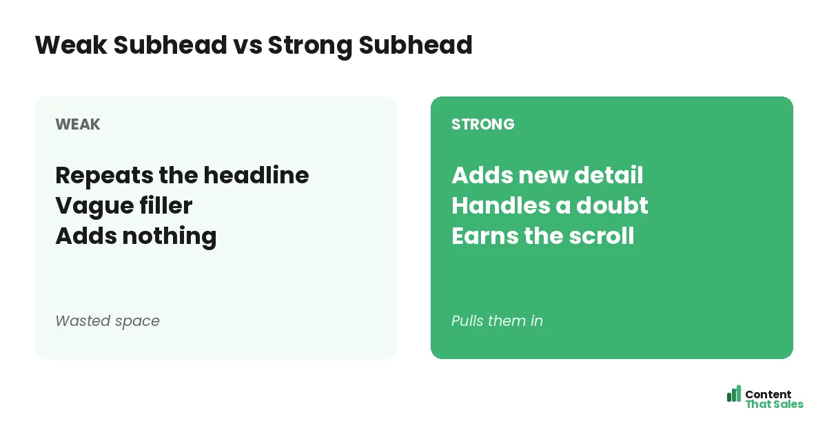 Weak subhead versus strong subhead by Content That Sales