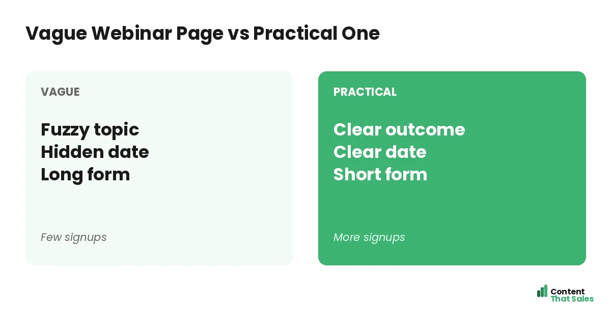 Vague webinar page versus practical one by Content That Sales