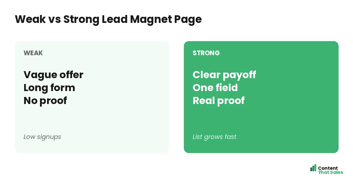 Weak versus strong lead magnet page by Content That Sales