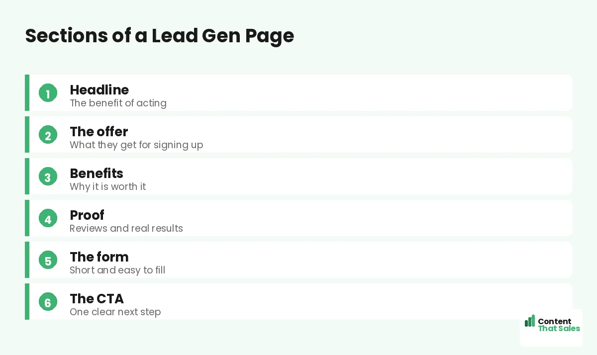 Sections of a lead gen page by Content That Sales