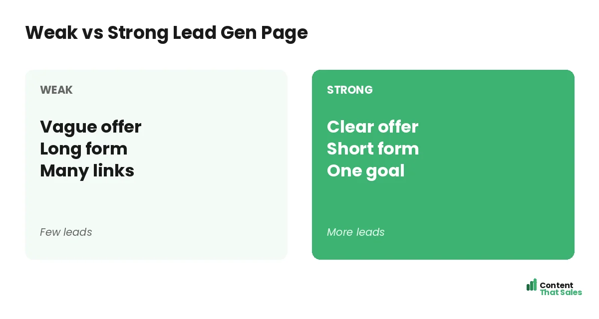 Weak versus strong lead gen page by Content That Sales