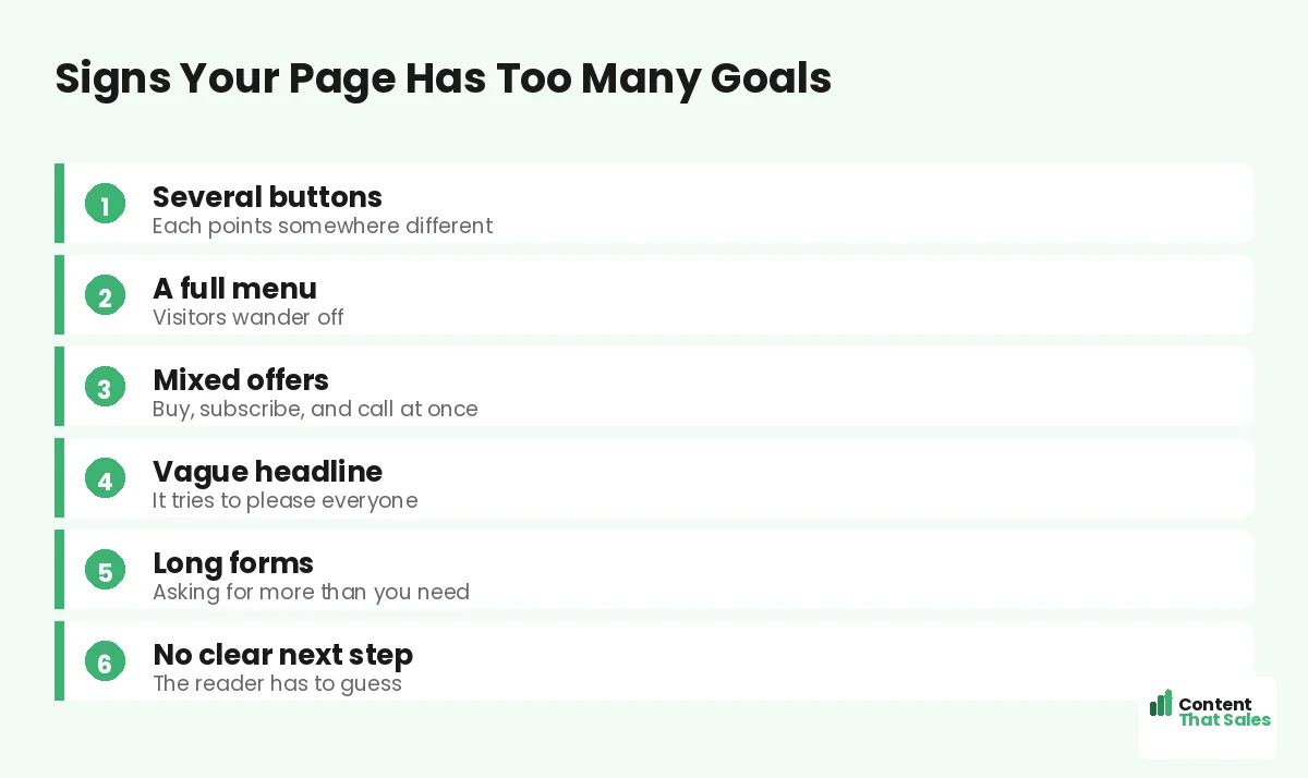 Signs your page has too many goals by Content That Sales