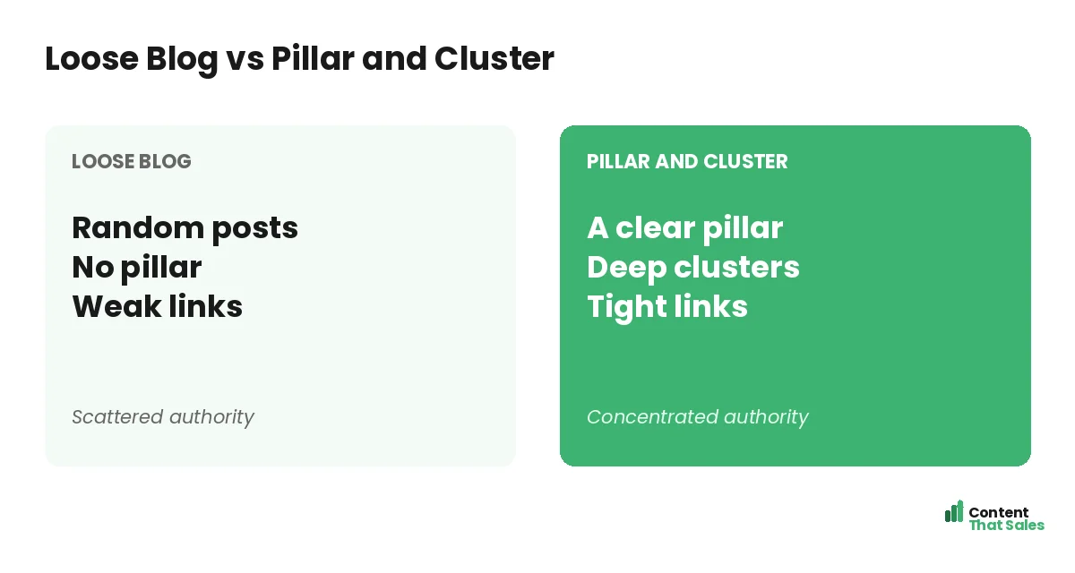 Loose blog versus pillar and cluster by Content That Sales