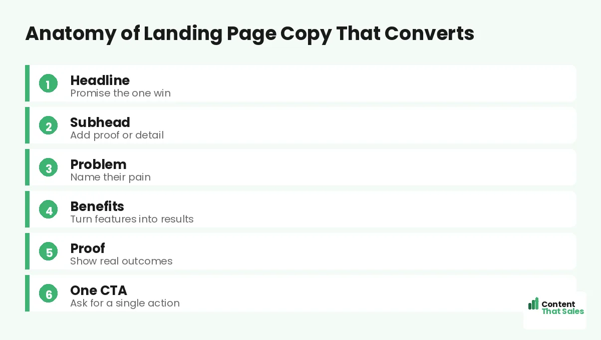 Anatomy of landing page copy that converts diagram by Content That Sales