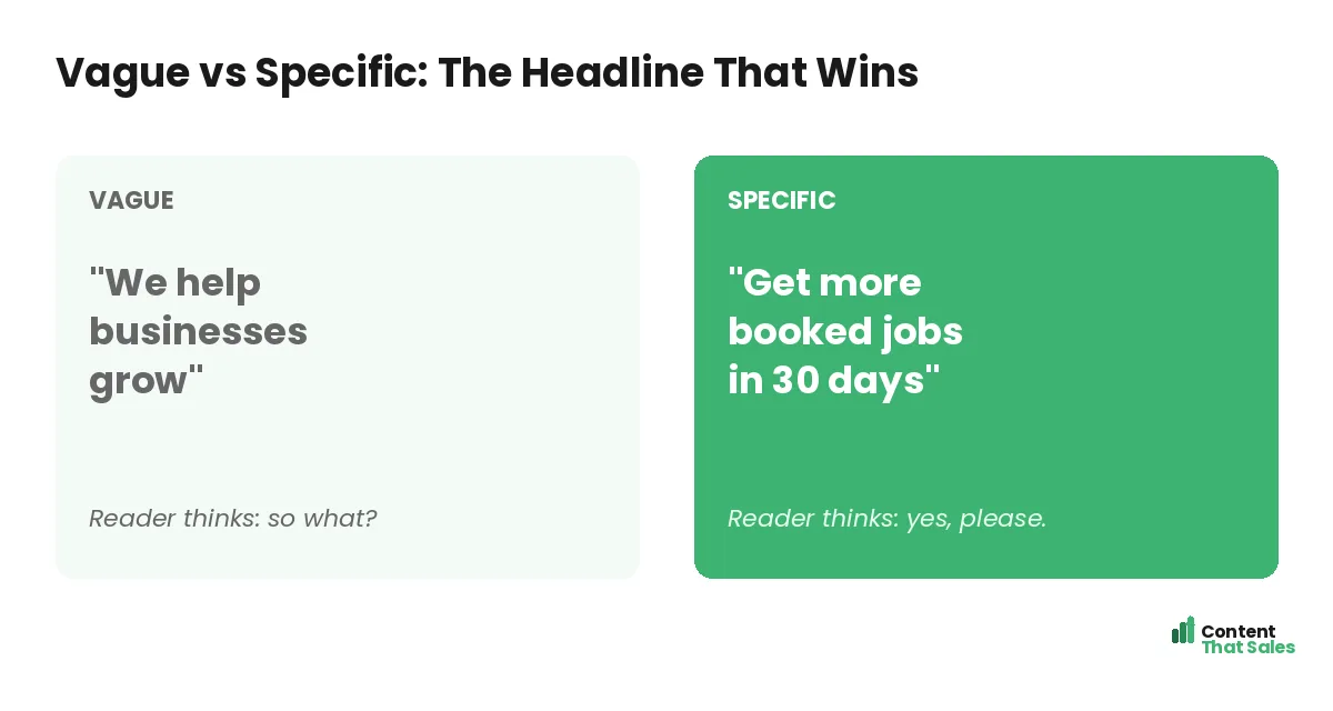 Vague versus specific landing page headline comparison by Content That Sales