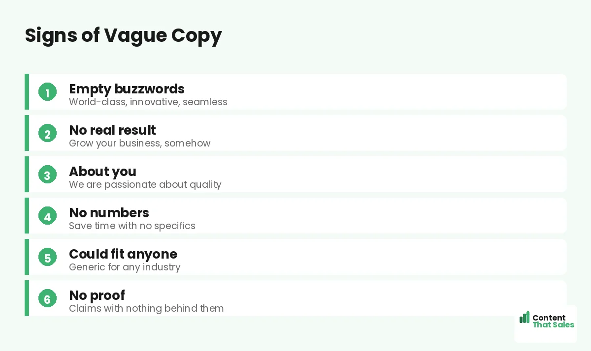 Signs of vague copy by Content That Sales