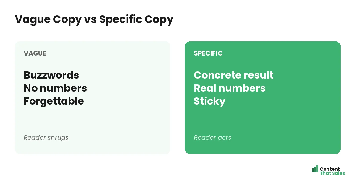 Vague copy versus specific copy by Content That Sales