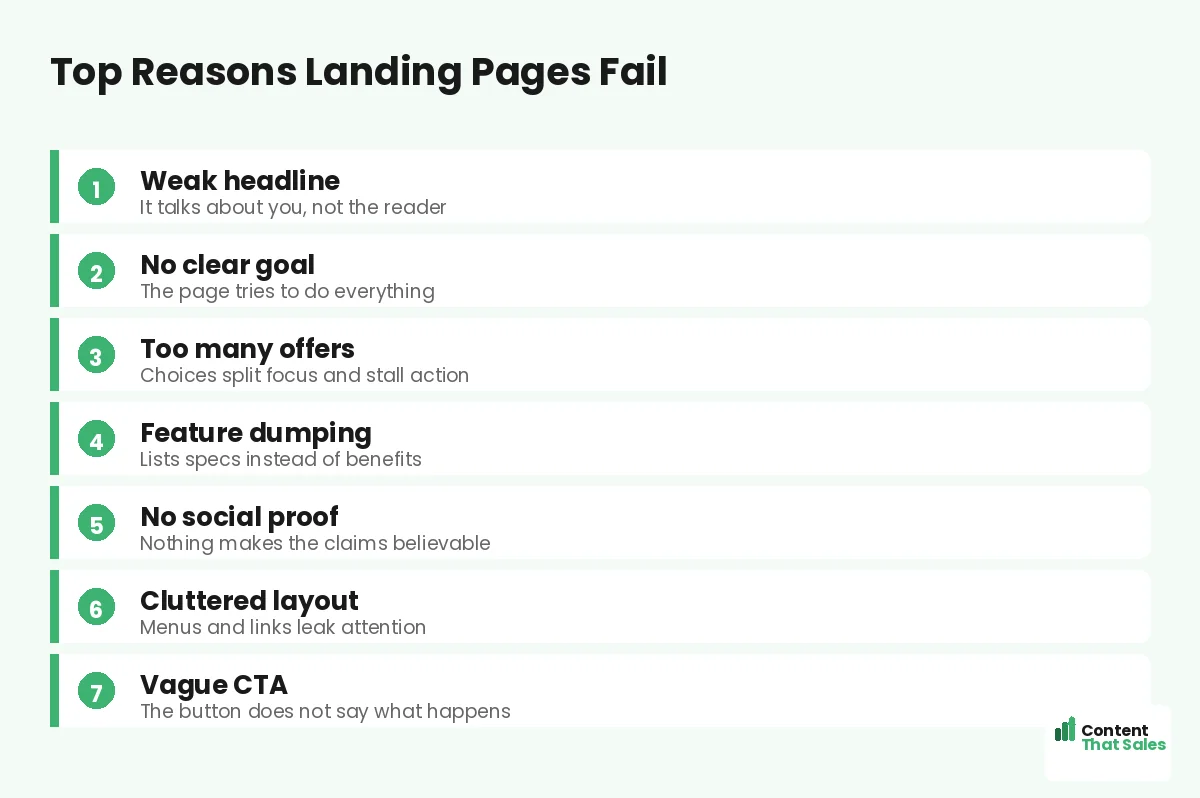 Top reasons landing pages fail by Content That Sales