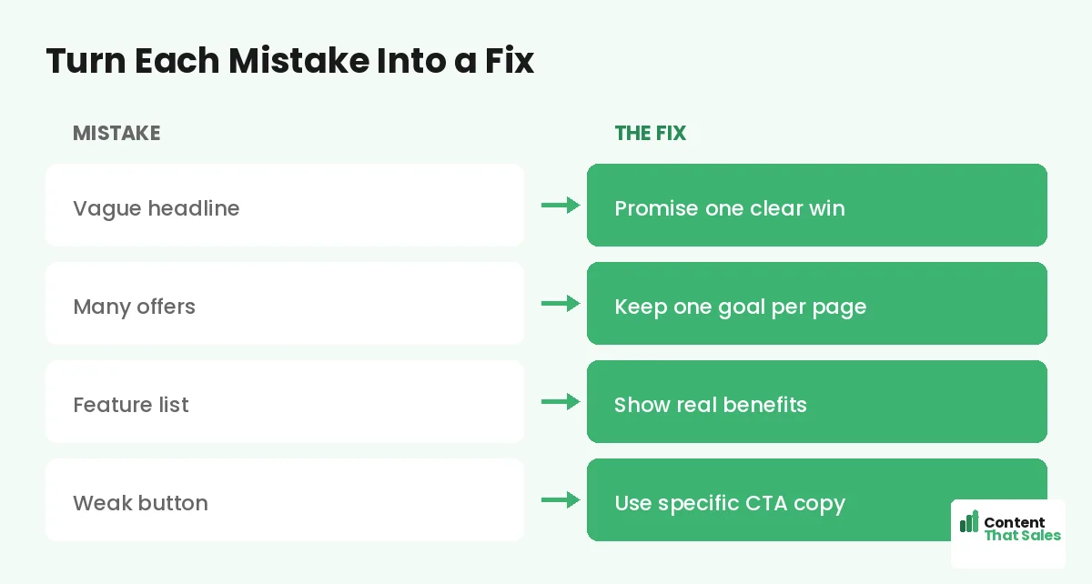 Turn each landing page mistake into a fix by Content That Sales